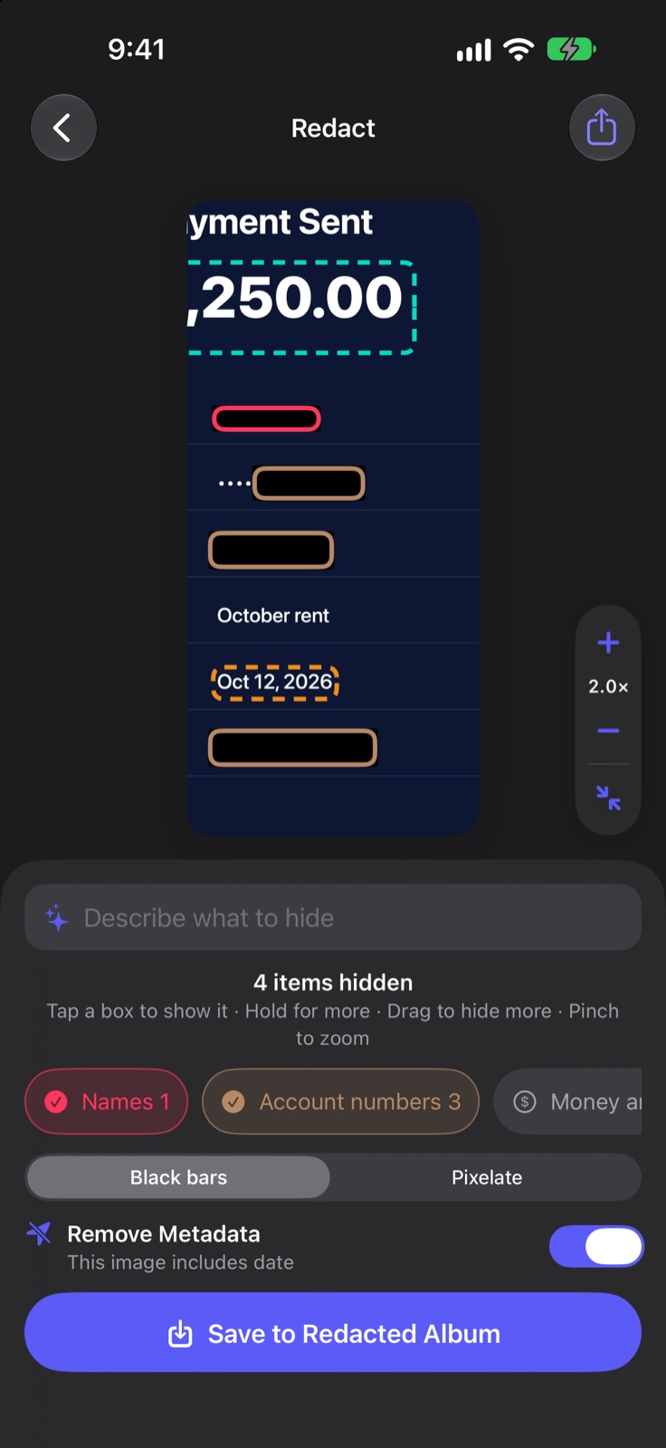 The Scrubshot editor zoomed in to 2x on a bank transfer, with account numbers hidden
