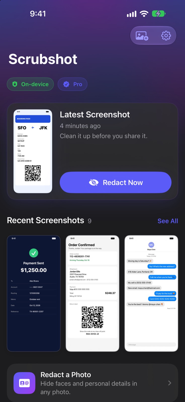 Scrubshot's home screen with the latest screenshot and a Redact Now button