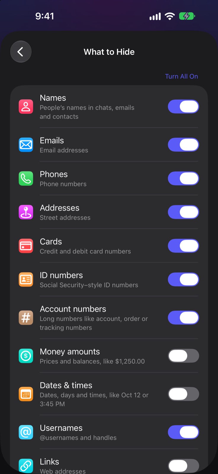 Scrubshot's What to Hide settings with toggles for names, emails, phones, addresses, cards and more