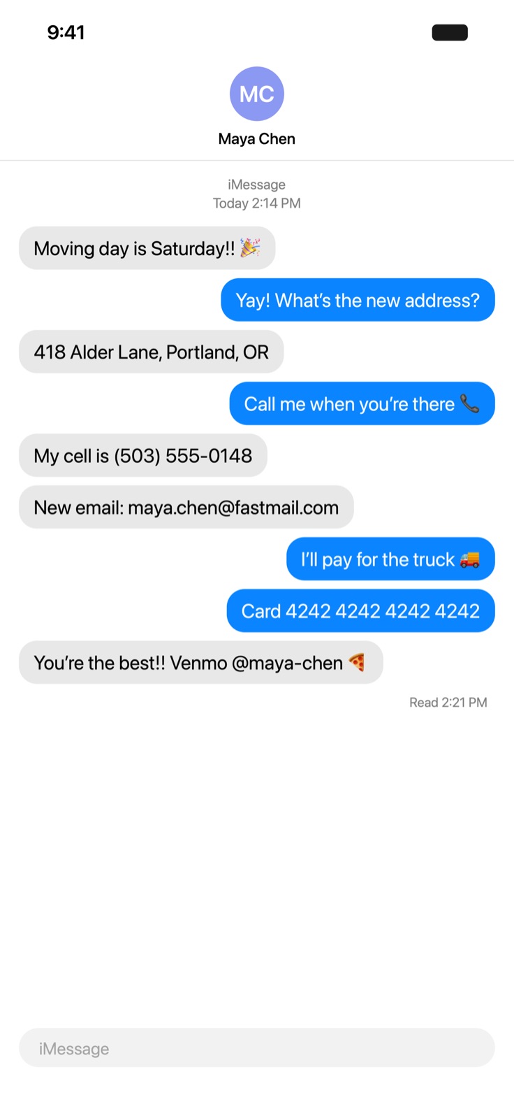 A chat screenshot in Scrubshot: a name, address, phone number, email, card number and username get found and covered with black bars
