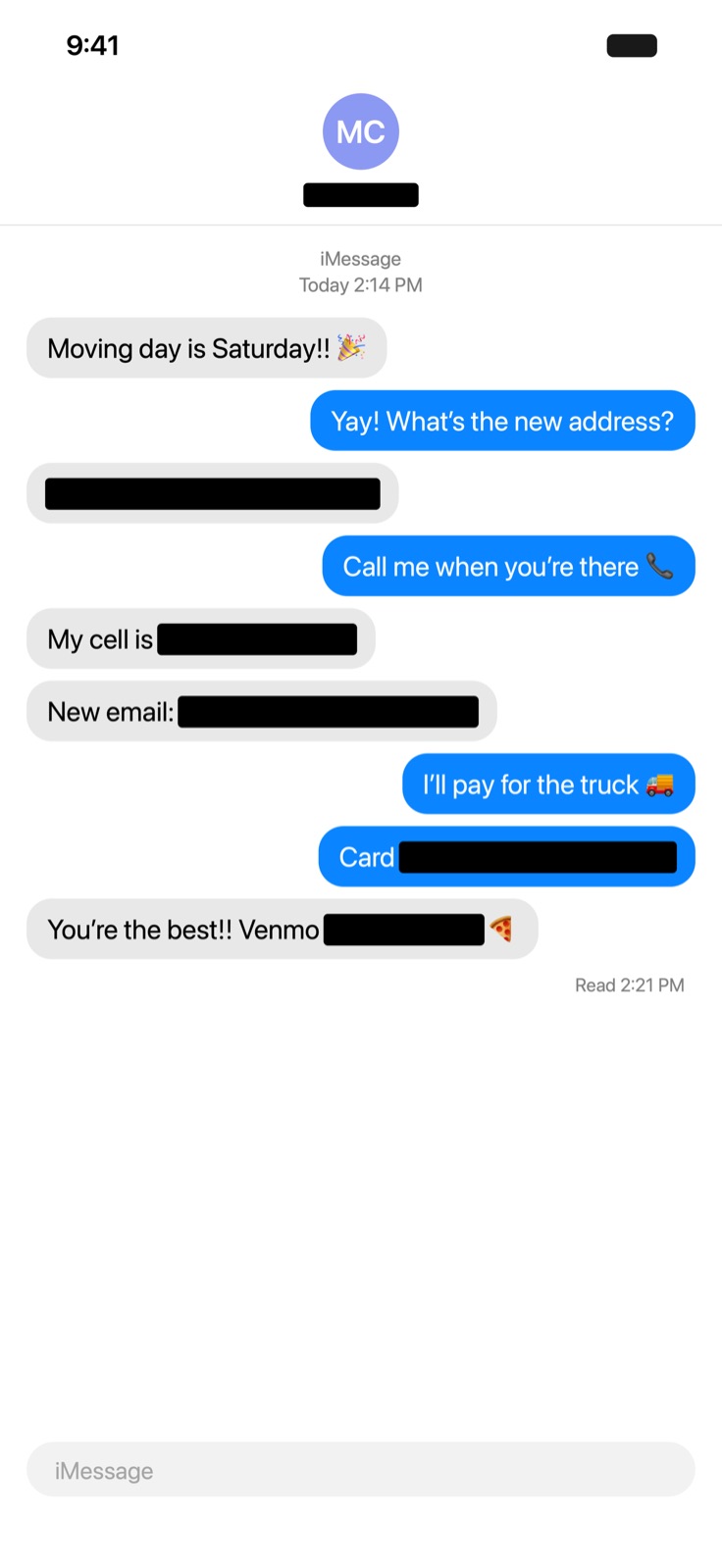 The same chat with the address, phone number, email and card number covered by black bars